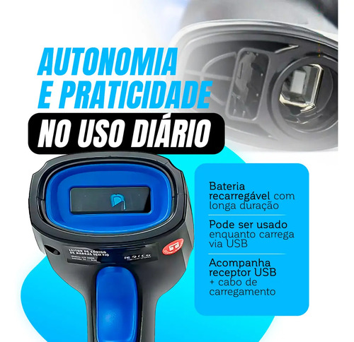 Leitor Código De Barras Sem Fio Usb De Mão Bar Code Scanner 1d Laser Linear Cor Preto