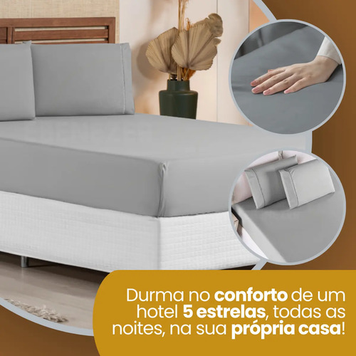 Lençol De Cama 3 Peças Casal 400 Fios Percal Ponto Palito C/ Elástico E Fronhas Toque Suave Macio Cinza