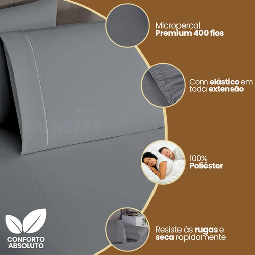 Lençol De Cama 3 Peças Casal 400 Fios Percal Ponto Palito C/ Elástico E Fronhas Toque Suave Macio Cinza