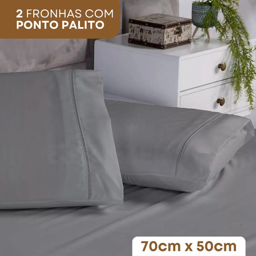 Lençol De Cama 3 Peças Casal 400 Fios Percal Ponto Palito C/ Elástico E Fronhas Toque Suave Macio Cinza