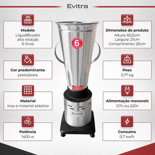 Liquidificador Alta Rotação 6l 1200w Turbo Profissional Industrial Em Inox Sucos Shakes Panquecas