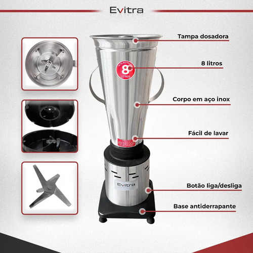 Liquidificador Alta Rotação 8 Litros Profissional Industrial Em Inox Sucos Shakes Panquecas