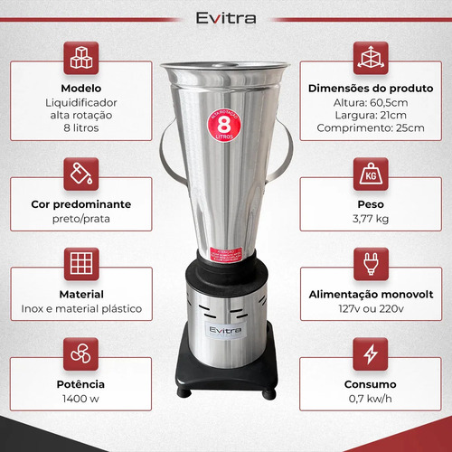 Liquidificador Alta Rotação 8 Litros Profissional Industrial Em Inox Sucos Shakes Panquecas