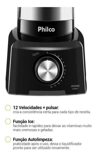 Liquidificador Philco 1200W 3L 12 Velocidades Preto PH900