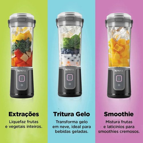 Liquidificador Portátil, Ninja, Base Recarregável, Tampa À Prova de Vazamentos, Função de Auto-Limpar, Copo de 470 ml, Bivolt