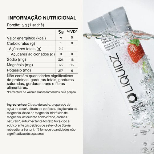 LIQUIDZ® - Eletrólitos Zero Açúcares - Sabor Morango com Kiwi - Kit 1 Caixa - 14 sachês