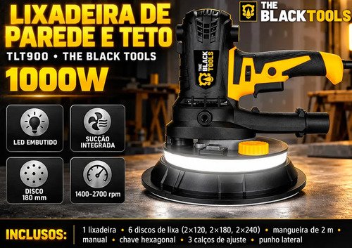Lixadeira De Parede E Teto 1000w Profissional 5 Velocidades 360° Com Led 6 Lixas Saco Coletor Tlt900 The Black Tools