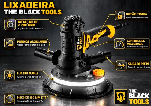 Lixadeira De Parede E Teto 1000w Profissional 5 Velocidades 360° Com Led 6 Lixas Saco Coletor Tlt900 The Black Tools