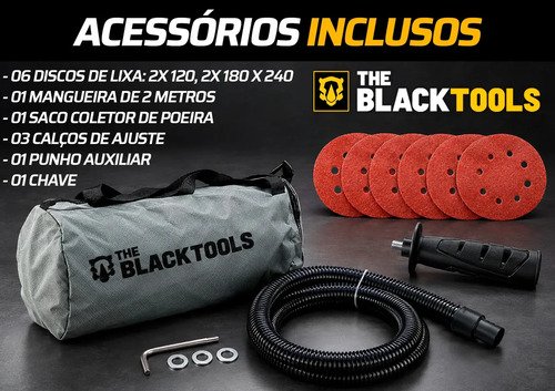Lixadeira De Parede E Teto 1000w Profissional 5 Velocidades 360° Com Led 6 Lixas Saco Coletor Tlt900 The Black Tools