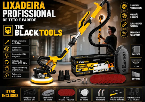 Lixadeira Teto E Parede Telescópica Profissional Com Led E Saco Coletor The Black Tools Btl750 750w