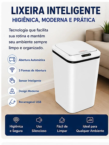Lixeira Automática Sensor Inteligente Recarregável USB para Escritório e Casa