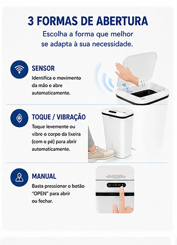 Lixeira Automática Sensor Inteligente Recarregável USB para Escritório e Casa