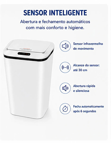 Lixeira Automática Sensor Inteligente Recarregável USB para Escritório e Casa