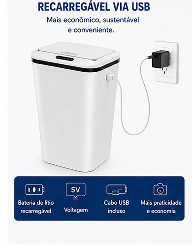 Lixeira Automática Sensor Inteligente Recarregável USB para Escritório e Casa