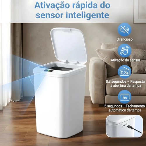 Lixeira Com Sensor Automático 16 Litros Branco Inteligente Abre Fácil Toque Cesto Quarto Banheiro Cozinha
