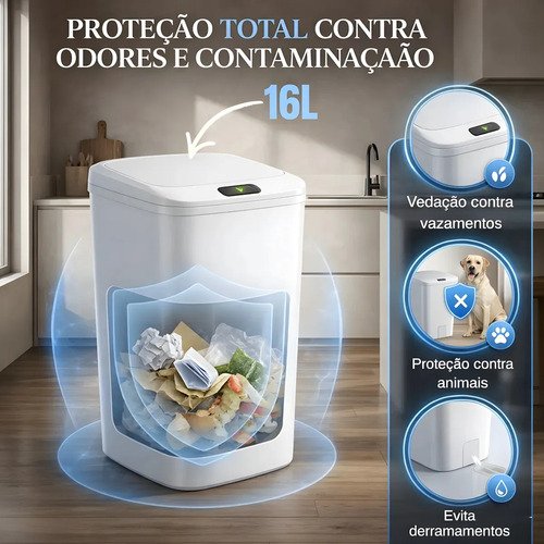 Lixeira Com Sensor Automático 16 Litros Branco Inteligente Abre Fácil Toque Cesto Quarto Banheiro Cozinha
