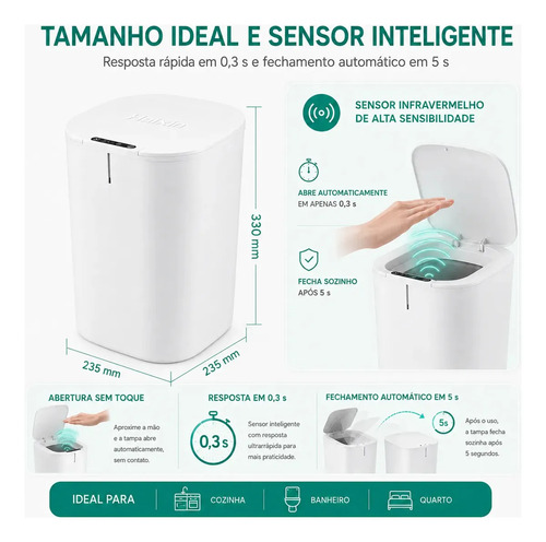 Lixeira Inteligente 16l Com Sensor Automático E Tampa Touch Branco