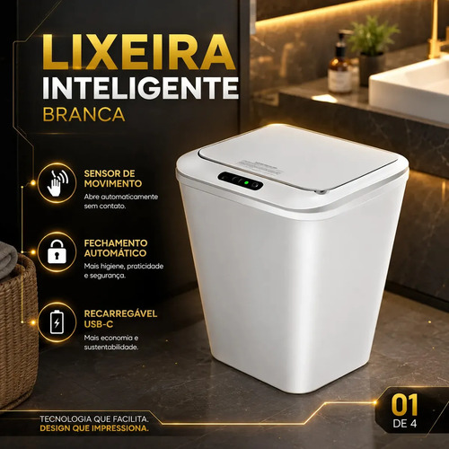Lixeira inteligente automatica branca universal com sensor h 1