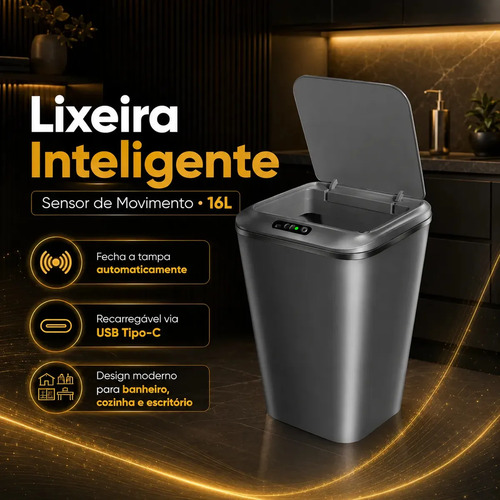 Lixeira inteligente automatica cinza universal com sensor he