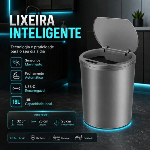 Lixeira inteligente automatica cinza universal com sensor lu