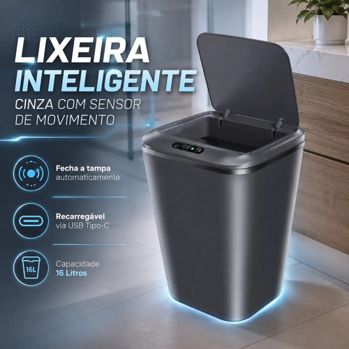 Lixeira inteligente automatica cinza universal com sensor re