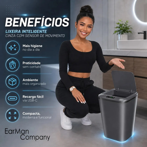 Lixeira Inteligente Automática Cinza Universal Com Sensor Recarregável Earman Company Anti Odor 16l Recarregável Usb