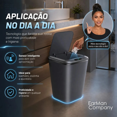 Lixeira Inteligente Automática Cinza Universal Com Sensor Recarregável Earman Company Anti Odor 16l Recarregável Usb