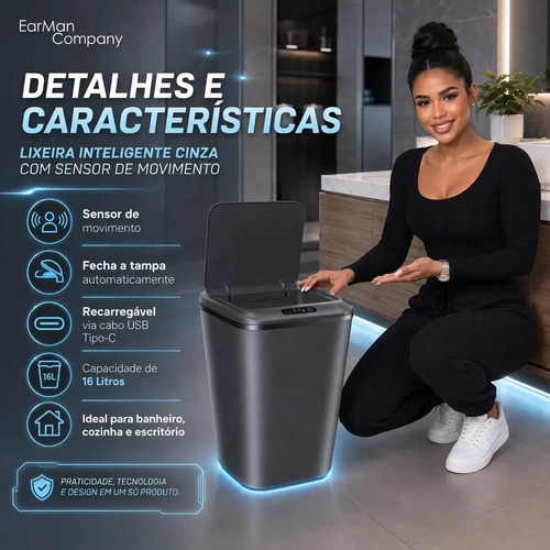 Lixeira Inteligente Automática Cinza Universal Com Sensor Recarregável Earman Company Anti Odor 16l Recarregável Usb