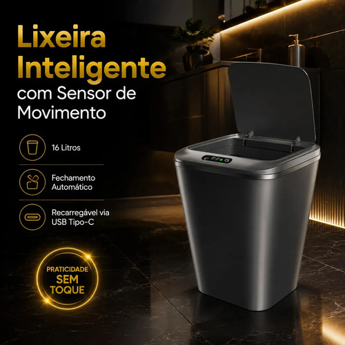 Lixeira inteligente automatica preta universal com sensor he