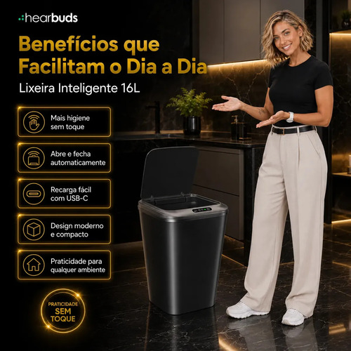 Lixeira Inteligente Automática Preta Universal Com Sensor Hearbuds Recarregável Anti Odor 16L