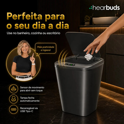 Lixeira Inteligente Automática Preta Universal Com Sensor Hearbuds Recarregável Anti Odor 16L