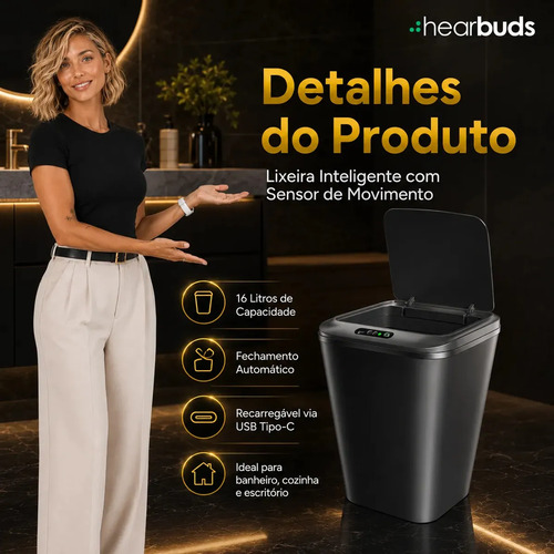 Lixeira Inteligente Automática Preta Universal Com Sensor Hearbuds Recarregável Anti Odor 16L
