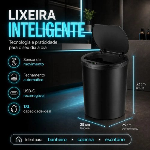 Lixeira inteligente automatica preta universal com sensor lu