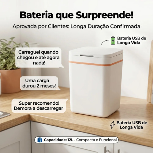 Lixeira Inteligente Automática Recarregável Usb Cozinha 12l