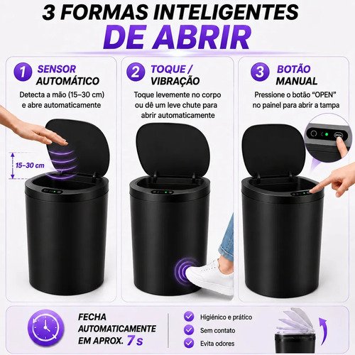 Lixeira Inteligente Automática Redonda Recarregável USB‐C Sensor para Cozinha Banheiro Escritório