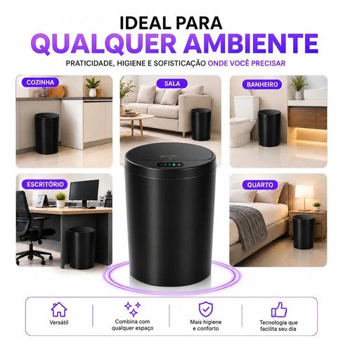 Lixeira Inteligente Automática Redonda Recarregável USB‐C Sensor para Cozinha Banheiro Escritório
