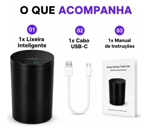 Lixeira Inteligente Automática Redonda Recarregável USB‐C Sensor para Cozinha Banheiro Escritório