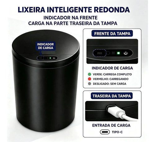 Lixeira Inteligente Automática Redonda Recarregável USB‐C Sensor para Cozinha Banheiro Escritório