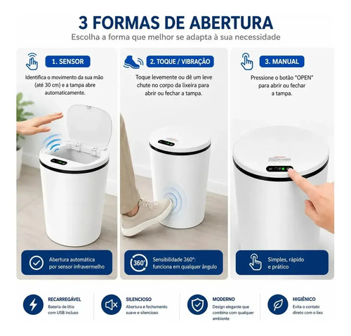 Lixeira Inteligente com Sensor 16L Cor Branco Durável e Moderna para Residencial e Comercial