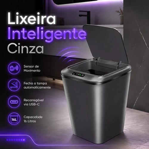 Lixeira inteligente sensor automatico 16l cinza smart recarr