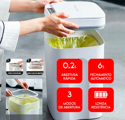 Lixeira Inteligente Sensor Automático 16l Cor Branco Recarregável Smart Banheiro E Cozinha Moderna
