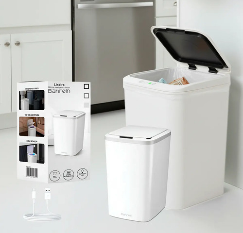 Lixeira Inteligente Sensor Automático 16l Cor Branco Recarregável Smart Banheiro E Cozinha Moderna