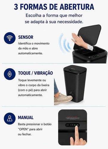 Lixeira Quadrada Preta 16L Inteligente Automática com Sensor para Banheiro e Cozinha