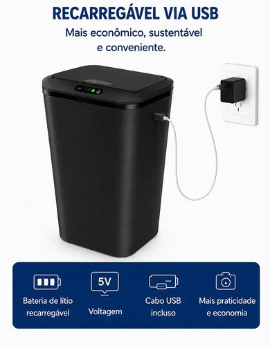 Lixeira Quadrada Preta 16L Inteligente Automática com Sensor para Banheiro e Cozinha
