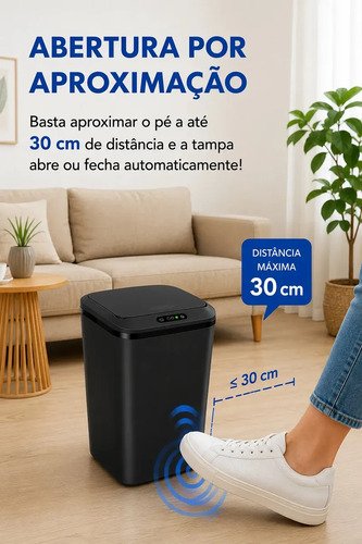 Lixeira Quadrada Preta 16L Inteligente Automática com Sensor para Banheiro e Cozinha