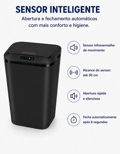 Lixeira Quadrada Preta 16L Inteligente Automática com Sensor para Banheiro e Cozinha