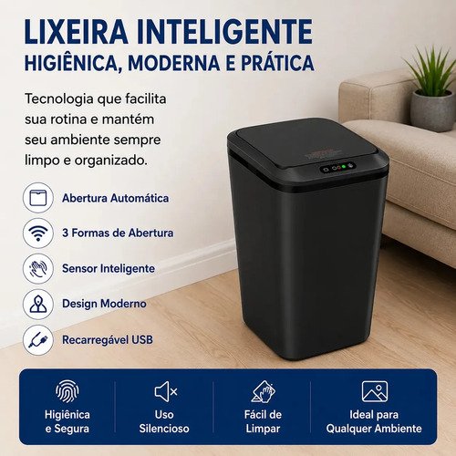 Lixeira Quadrada Preta 16L Inteligente Automática com Sensor para Banheiro e Cozinha