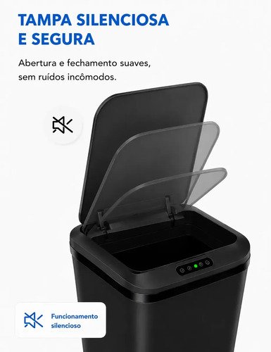 Lixeira Quadrada Preta 16L Inteligente Automática com Sensor para Banheiro e Cozinha