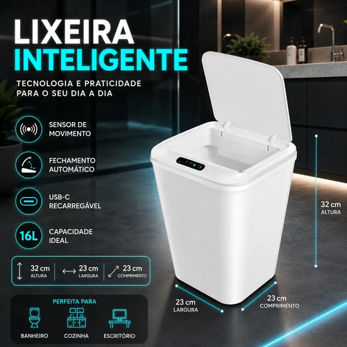 Lixeira smart inteligente 16 litros quadrada sensor de movim 1