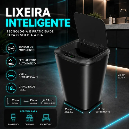 Lixeira smart inteligente 16 litros quadrada sensor de movim